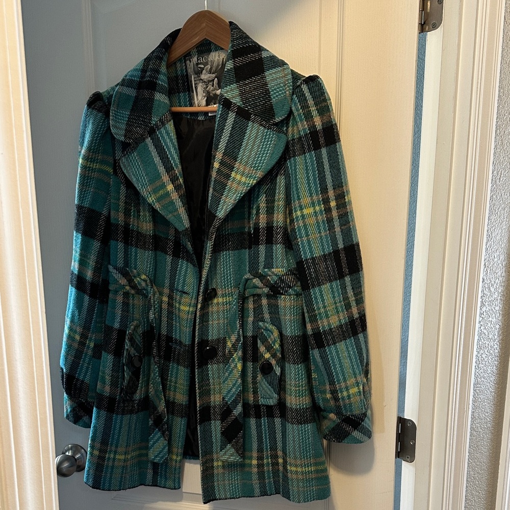 mac & jac Teal and Black Plaid Pea Coat